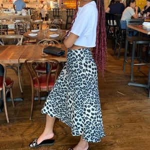 Satin Leopard Print Midi Skirt